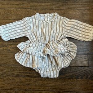 Quincy Mae striped tan and white striped ruffled onesie, size 3 months